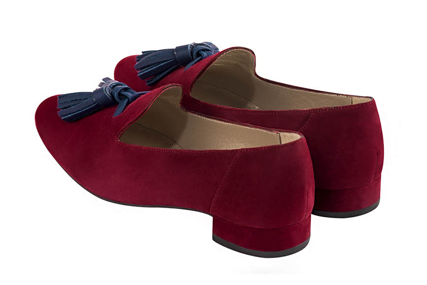 Burgundy red and navy blue women's loafers with pompons. Round toe. Flat leather soles. Rear view - Florence KOOIJMAN
